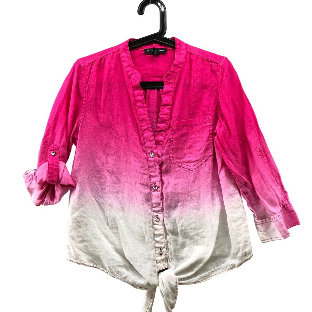 INC International Concepts 100% Linen Shirt Womens‎ 6 Pink Tie Dye Tie Front